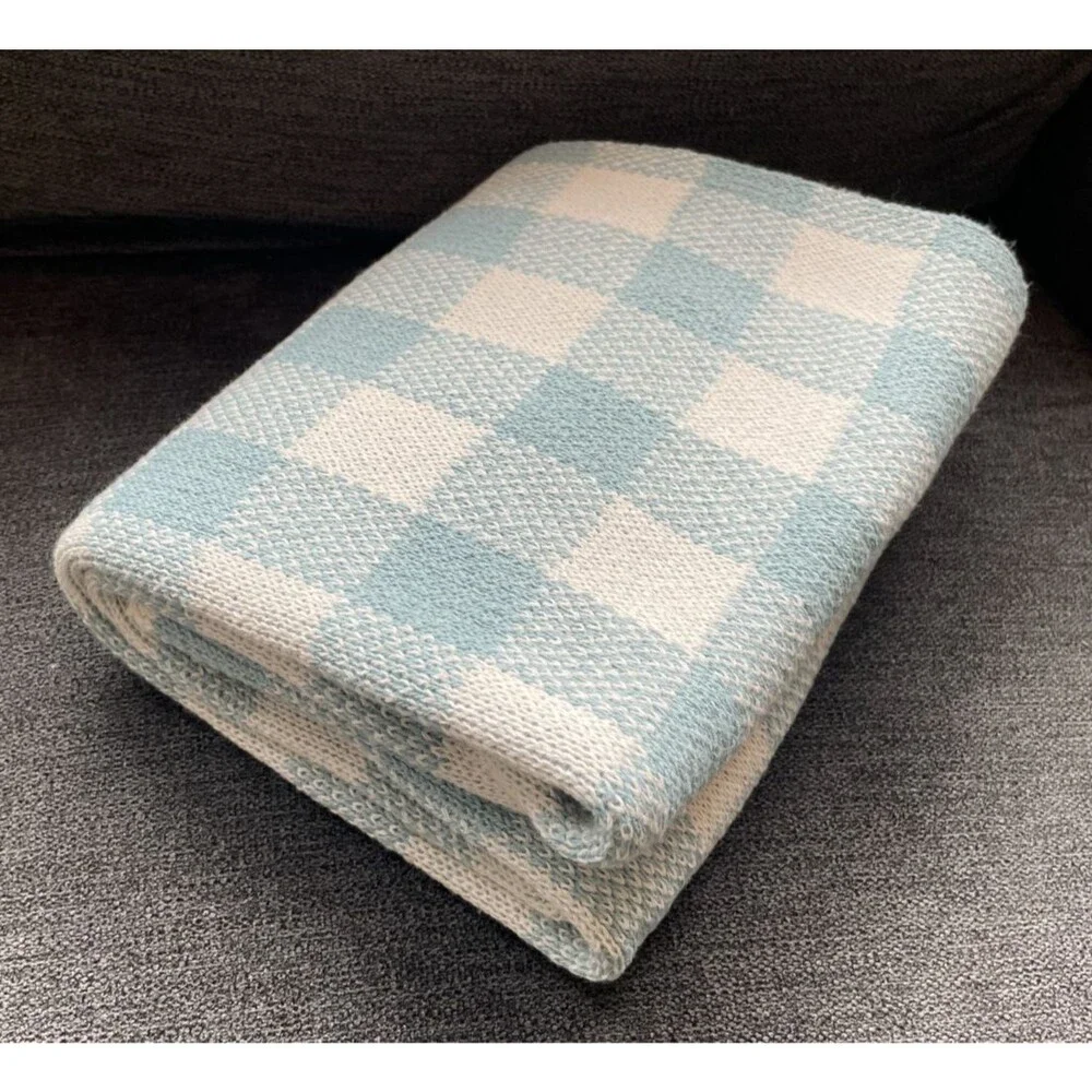 IN2GREEN Baby Blanket Recycled Cotton BLUE White Check Approximately 32x44 NWT